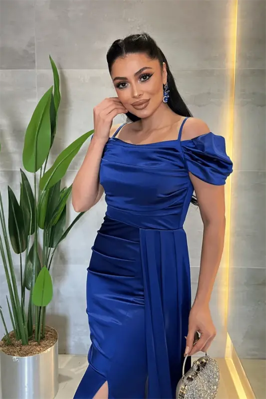 Satin Fabric Ruched Shawl Detailed Evening Dress - SAX BLUE - 4