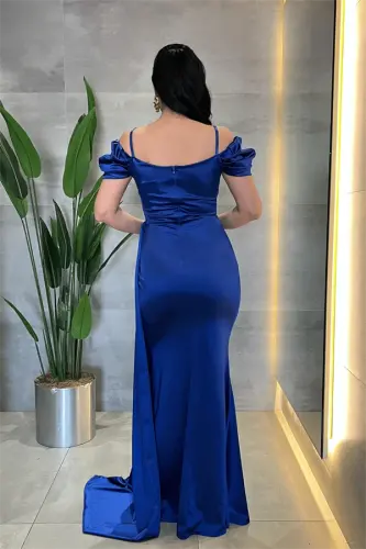 Satin Fabric Ruched Shawl Detailed Evening Dress - SAX BLUE - 5