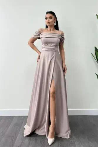 Satin Fabric Ruched Strap Evening Dress - BEIGE - 1