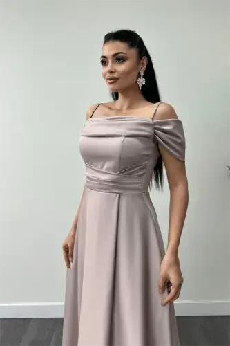 Satin Fabric Ruched Strap Evening Dress - BEIGE - 3