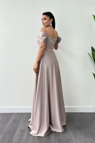 Satin Fabric Ruched Strap Evening Dress - BEIGE - 4