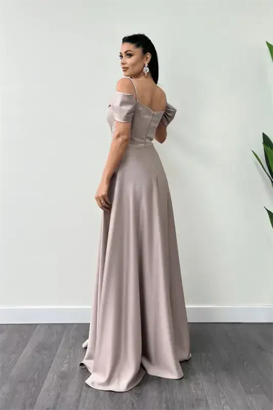 Satin Fabric Ruched Strap Evening Dress - BEIGE - 4