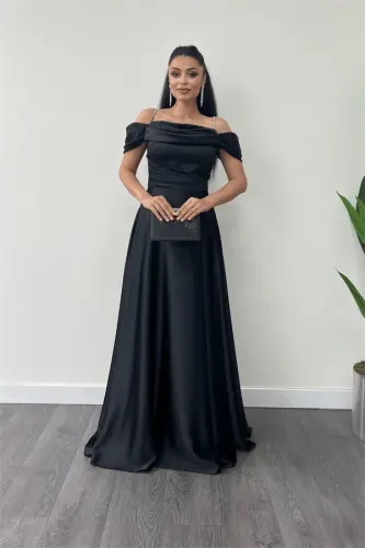 Satin Fabric Ruched Strap Evening Dress - BLACK - 1