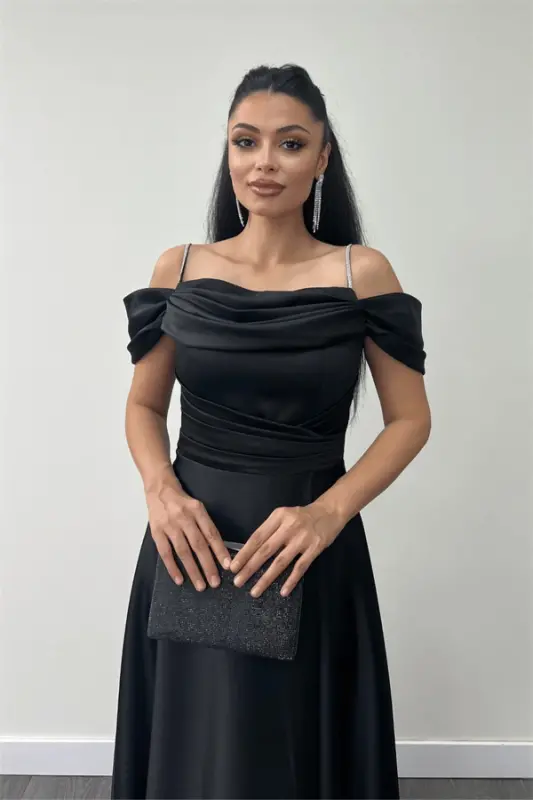 Satin Fabric Ruched Strap Evening Dress - BLACK - 3