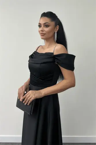 Satin Fabric Ruched Strap Evening Dress - BLACK - 4