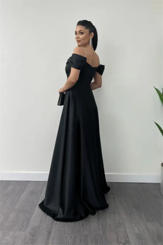 Satin Fabric Ruched Strap Evening Dress - BLACK - 5