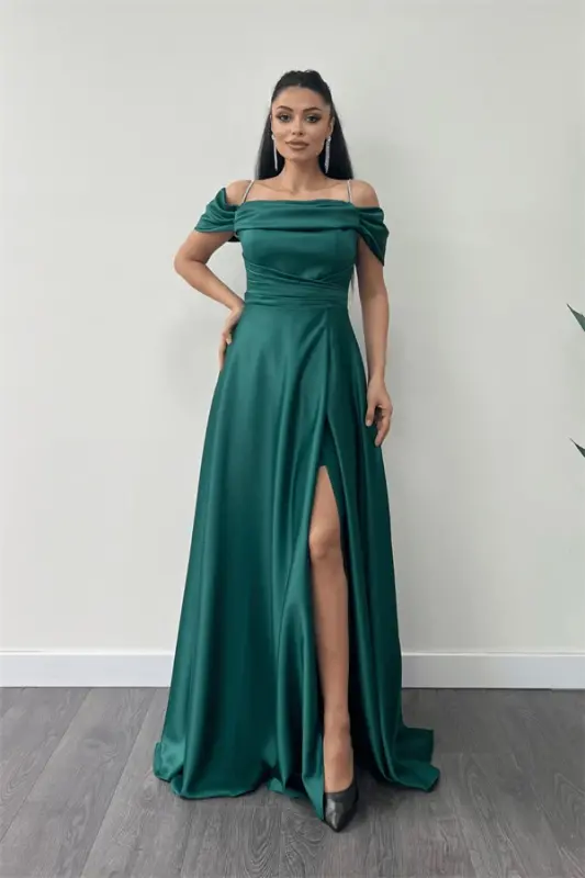 Satin Fabric Ruched Strap Evening Dress - EMERALD GREEN - BÜYÜKBEDENIZ