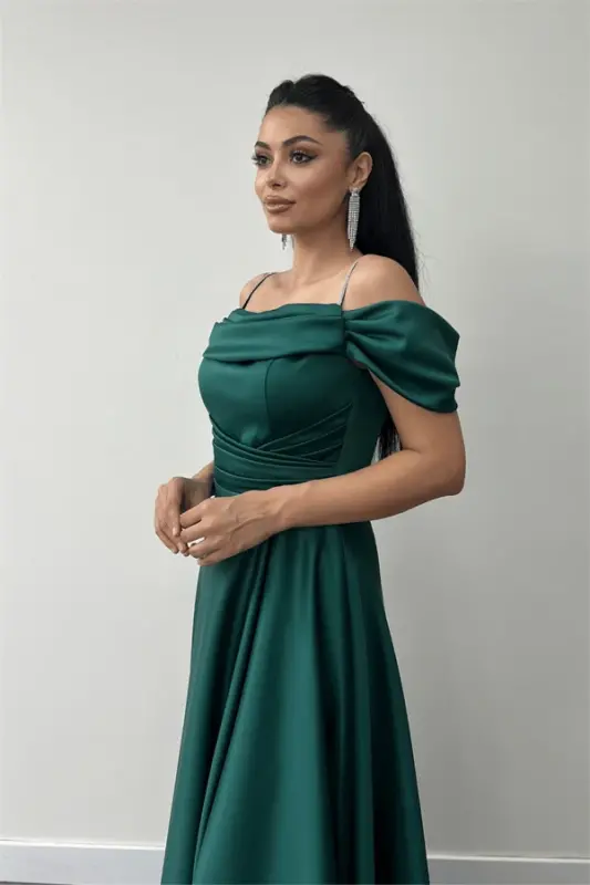 Satin Fabric Ruched Strap Evening Dress - EMERALD GREEN - 3