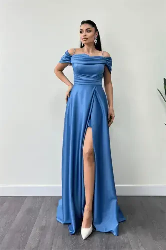 Satin Fabric Ruched Strap Evening Dress - INDIGO BLUE - 1