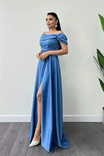 Satin Fabric Ruched Strap Evening Dress - INDIGO BLUE - BÜYÜKBEDENIZ (1)