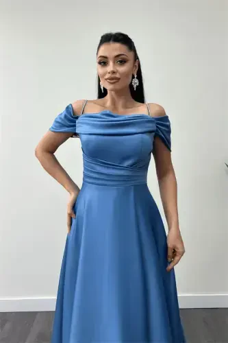 Satin Fabric Ruched Strap Evening Dress - INDIGO BLUE - 3