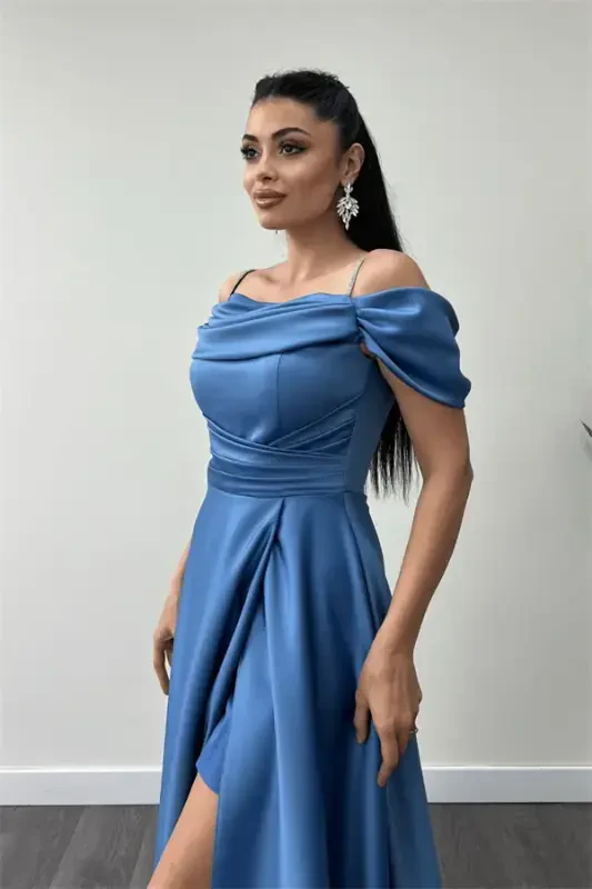 Satin Fabric Ruched Strap Evening Dress - INDIGO BLUE - 4