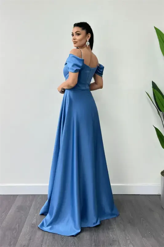 Satin Fabric Ruched Strap Evening Dress - INDIGO BLUE - 5