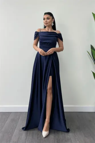 Satin Fabric Ruched Strap Evening Dress - NAVY BLUE - 1