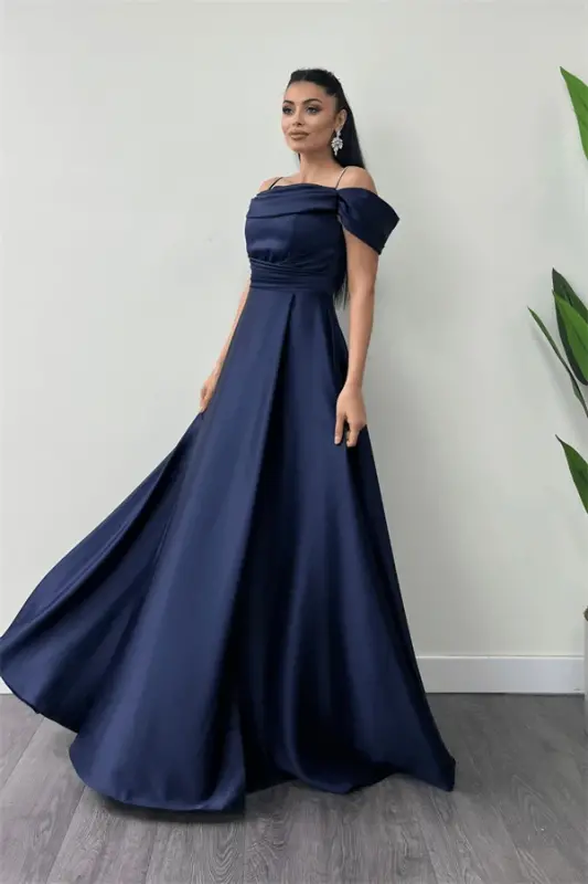 Satin Fabric Ruched Strap Evening Dress - NAVY BLUE - 2