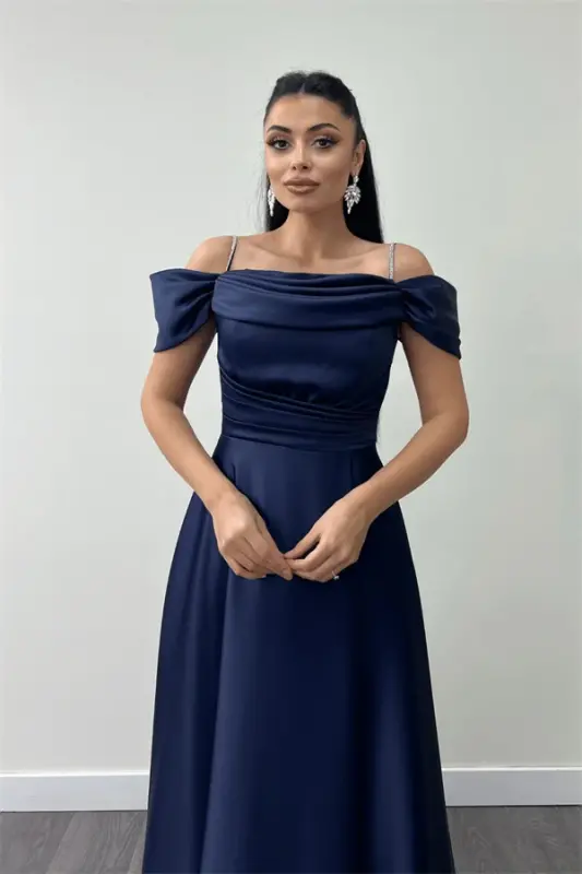 Satin Fabric Ruched Strap Evening Dress - NAVY BLUE - 3