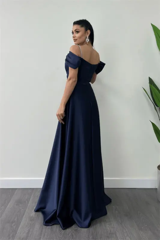 Satin Fabric Ruched Strap Evening Dress - NAVY BLUE - 5