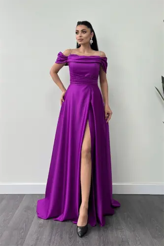 Satin Fabric Ruched Strap Evening Dress - PURPLE - BÜYÜKBEDENIZ (1)