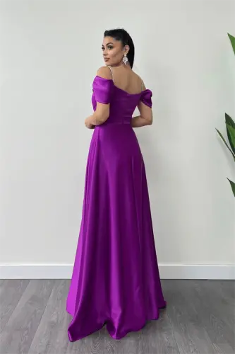 Satin Fabric Ruched Strap Evening Dress - PURPLE - 5