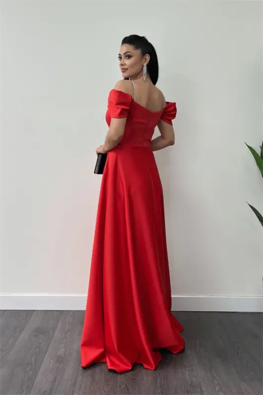 Satin Fabric Ruched Strap Evening Dress - RED - 1