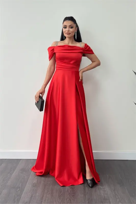 Satin Fabric Ruched Strap Evening Dress - RED - 5