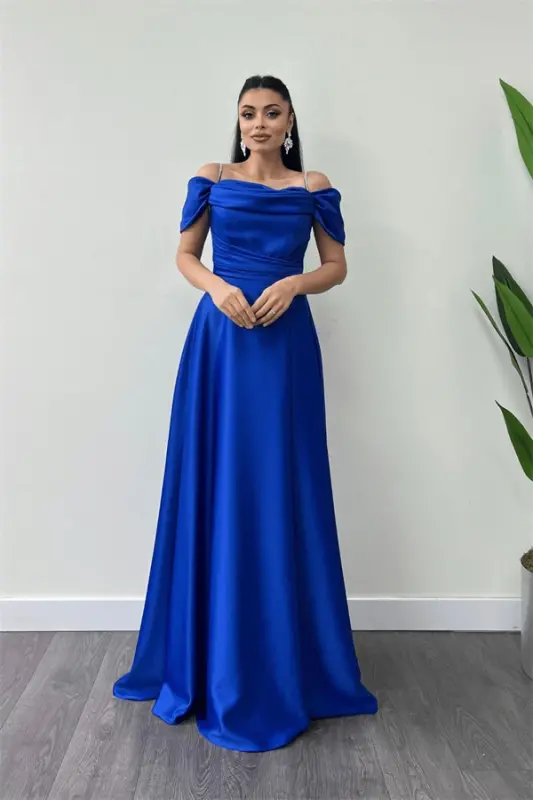 Satin Fabric Ruched Strap Evening Dress - SAXE BLUE - 6