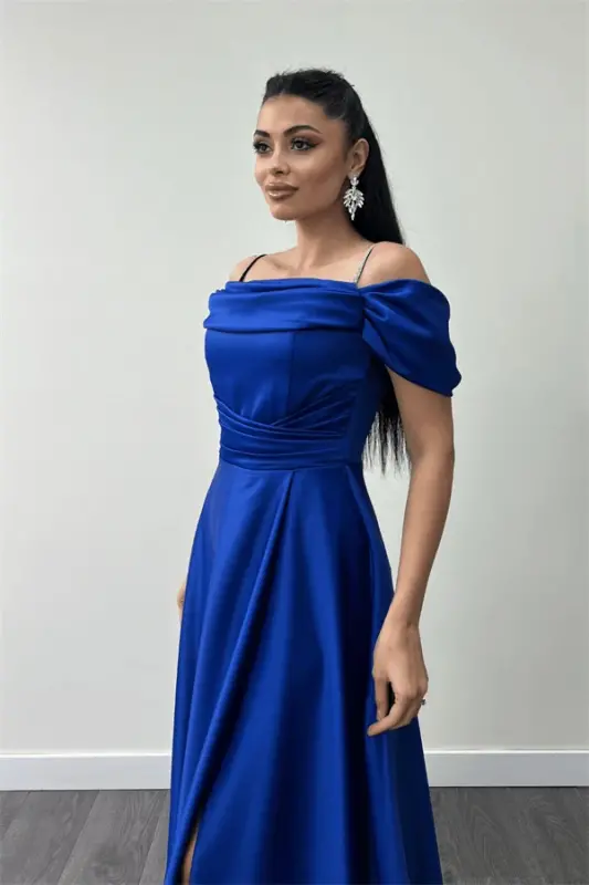 Satin Fabric Ruched Strap Evening Dress - SAXE BLUE - 9