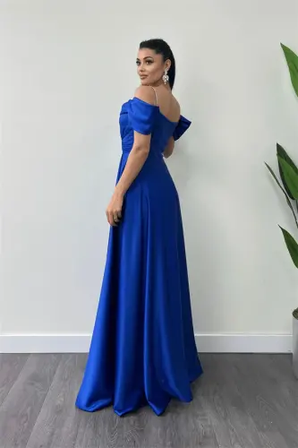 Satin Fabric Ruched Strap Evening Dress - SAXE BLUE - 10