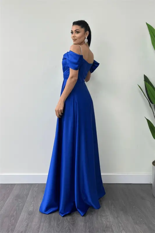 Satin Fabric Ruched Strap Evening Dress - SAXE BLUE - 10