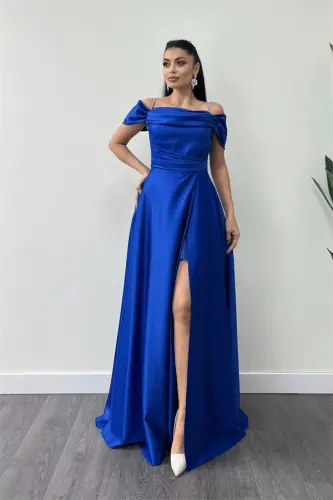 Satin Fabric Ruched Strap Evening Dress - SAXE BLUE - BÜYÜKBEDENIZ (1)