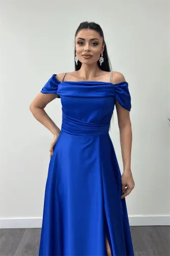 Satin Fabric Ruched Strap Evening Dress - SAXE BLUE - 3