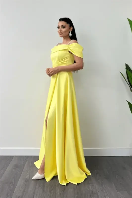 Satin Fabric Ruched Strap Evening Dress - YELLOW - 2
