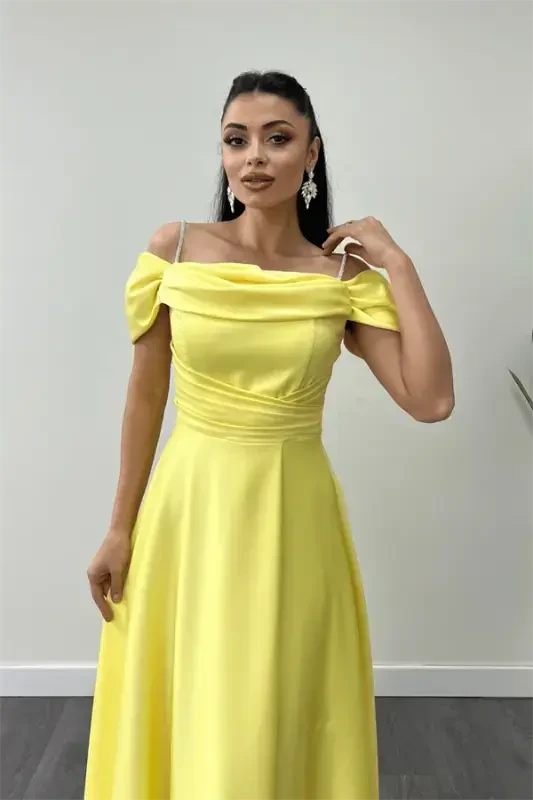 Satin Fabric Ruched Strap Evening Dress - YELLOW - 3
