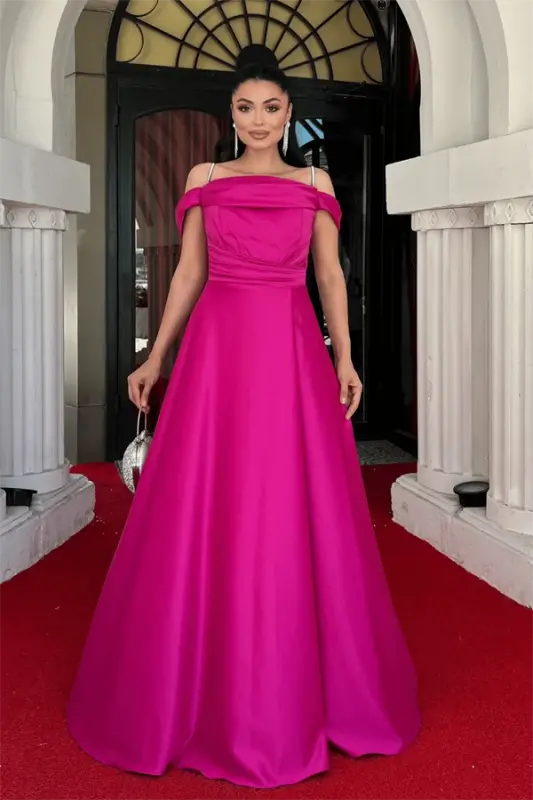 Satin Fabric Ruched Strappy Evening Dress - FUCHSIA - 1