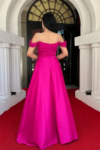 Satin Fabric Ruched Strappy Evening Dress - FUCHSIA - 5