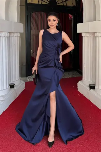 Satin Fabric Ruffle Detailed Fishtail Dress - NAVY BLUE - 1
