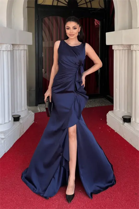 Satin Fabric Ruffle Detailed Fishtail Dress - NAVY BLUE - 1