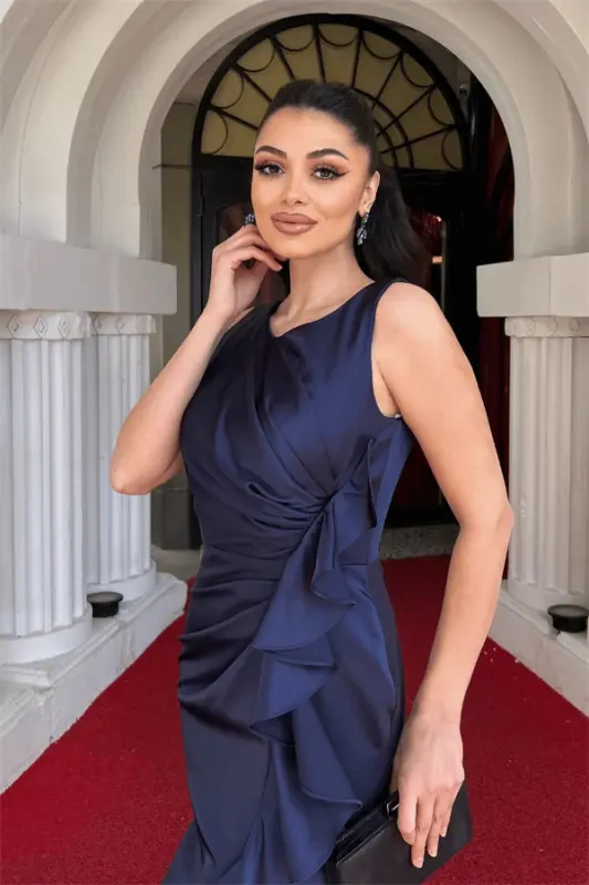 Satin Fabric Ruffle Detailed Fishtail Dress - NAVY BLUE - 3