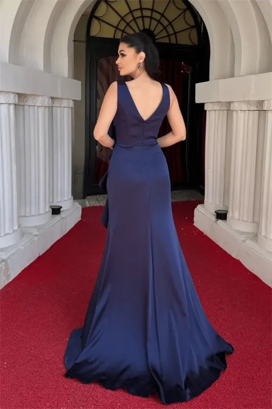 Satin Fabric Ruffle Detailed Fishtail Dress - NAVY BLUE - 5