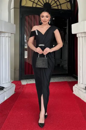 Satin Fabric Shawl Detailed Pencil Dress - BLACK - 1