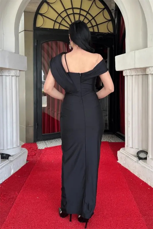 Satin Fabric Shawl Detailed Pencil Dress - BLACK - 5