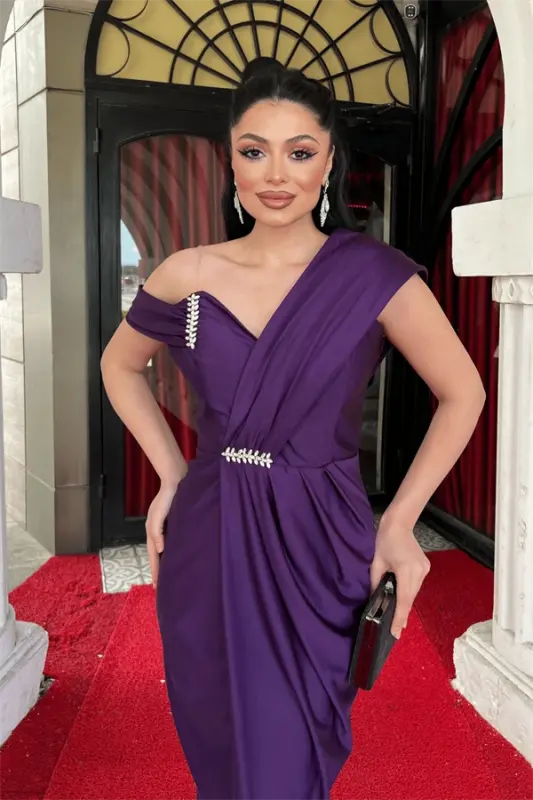 Satin Fabric Shawl Detailed Pencil Dress - EGGPLANT PURPLE - 4