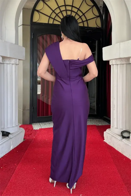 Satin Fabric Shawl Detailed Pencil Dress - EGGPLANT PURPLE - 5