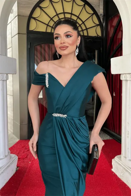 Satin Fabric Shawl Detailed Pencil Dress - EMERALD GREEN - 3