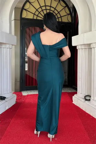 Satin Fabric Shawl Detailed Pencil Dress - EMERALD GREEN - 5