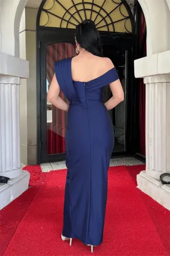 Satin Fabric Shawl Detailed Pencil Dress - NAVY BLUE - 5