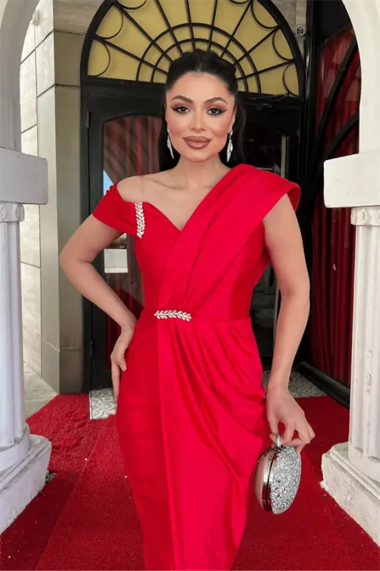 Satin Fabric Shawl Detailed Pencil Dress - RED - 3