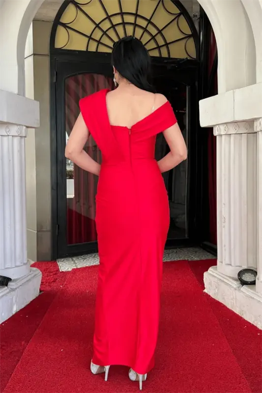 Satin Fabric Shawl Detailed Pencil Dress - RED - 5