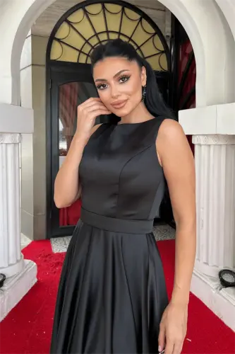 Satin Fabric Sleeveless Evening Dress - BLACK - 3