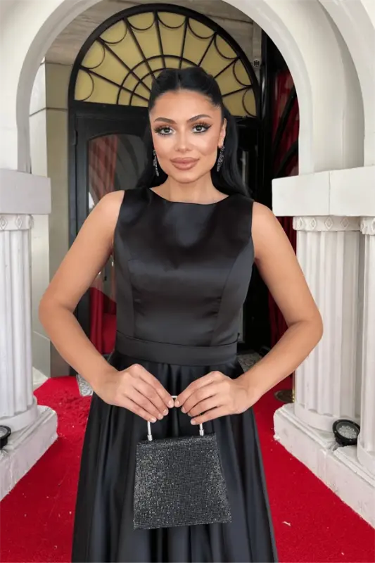 Satin Fabric Sleeveless Evening Dress - BLACK - 4